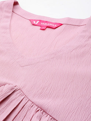 Varanga Women Pink V-Neck Bishop Sleeves Calf Length A-Line Dress Flared Hem